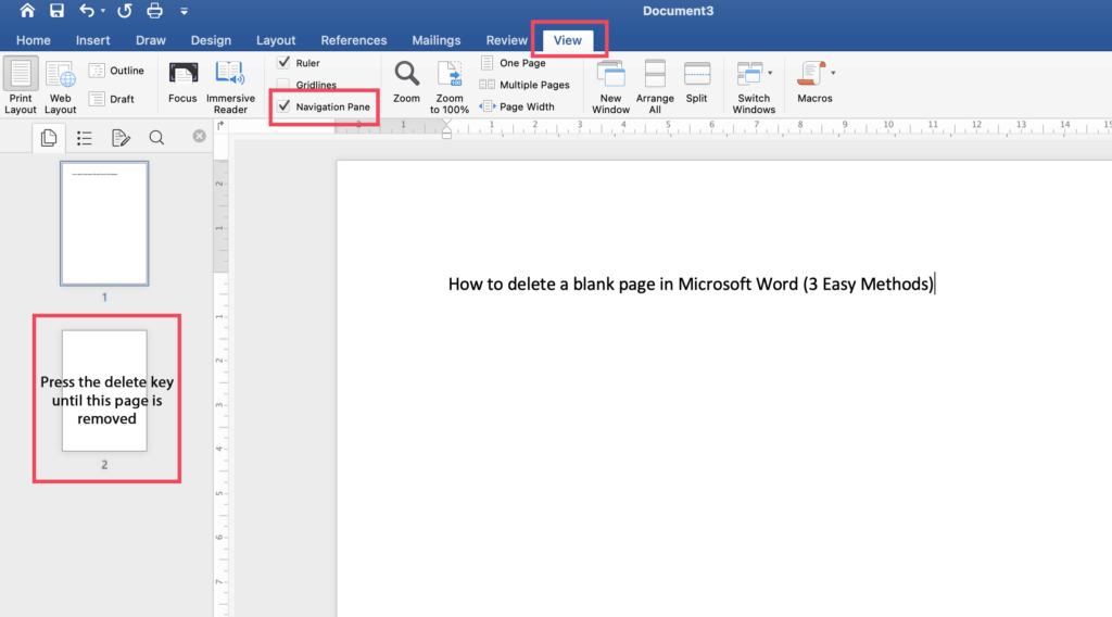 Delete a blank page in Microsoft Word - Using Navigation Pane